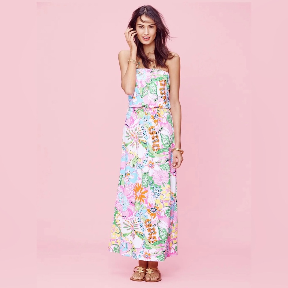 Lilly Pulitzer Multicolored Floral Nosey Posey Strapless Maxi Dress, XS